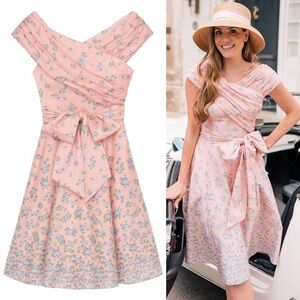 Gal Meets Glam Lillian Floral Bow Dress Pink Midi Fit & Flare Womens 8 New NWT